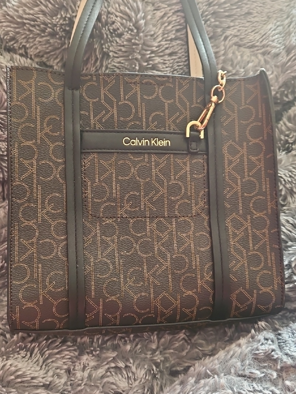 Calvin Klein Brown Monogram Logo Tote with Black Trim